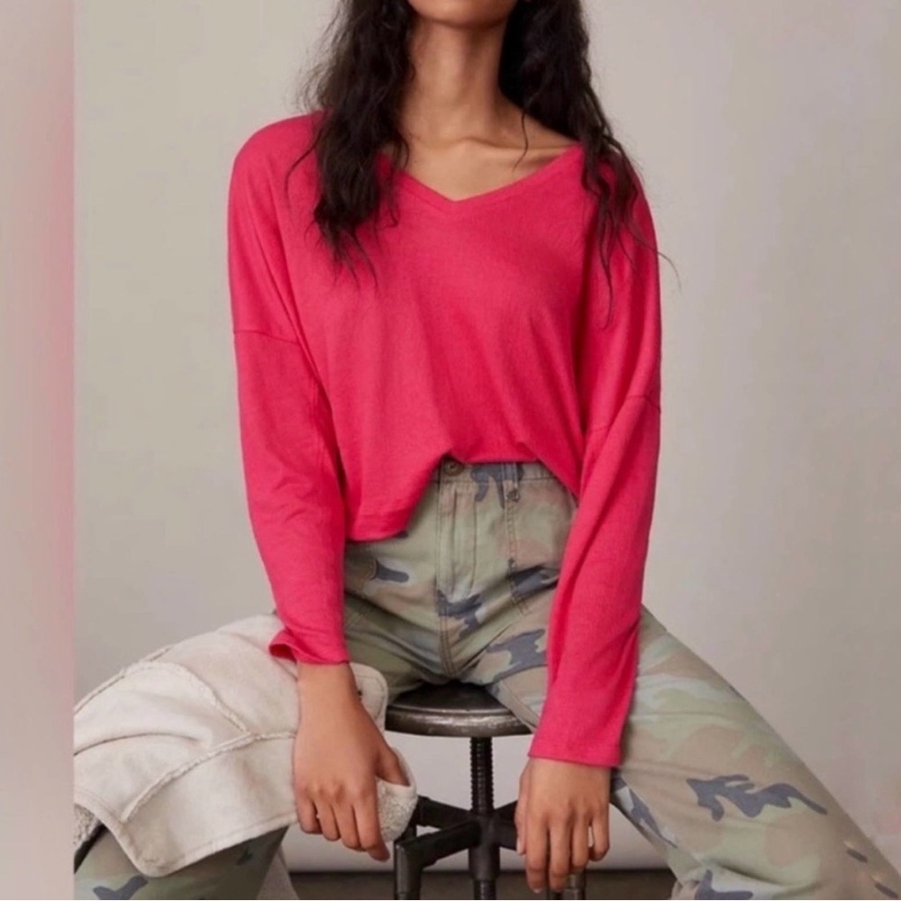 Anthropologie Hot Pink Dina V-Neck Long Sleeve Top Sz M